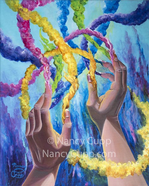 COMMISSIONED TO PAINT acrylic painting by Nancy Cupp of two lifted hands with colors shooting from the fingertips.