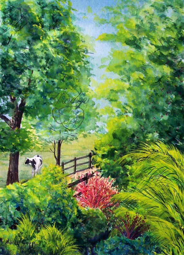 CONTENTMENT watercolor painting by Nancy Cupp of country scene with a cow, trees, and red bush from Amish farmland in Holmes Country, Ohio