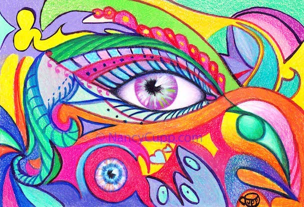 "FanSeeEyes" colored pencil drawing of an eye by Nancy Cupp