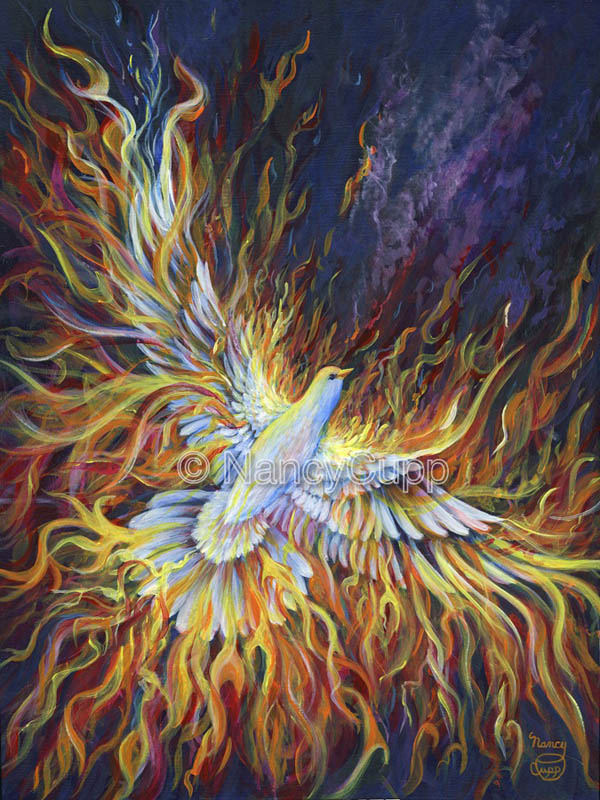 HOLY FIRE acrylic painting by Nancy Cupp of a white dove flying with flame of fire representing the fire of the Holy Spirit shooting from its feathers