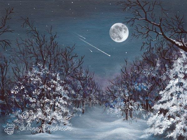 LET IT SHINE acrylic painting by Nancy Cupp of a full moon and shooting stars overlooking a trail in the woods after it snowed