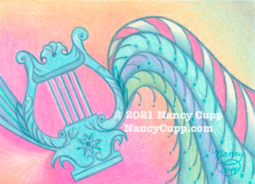 ©2021.  Nancy Cupp.  All rights reserved. MORNING JOY is a five string lyre colored pencil drawing finished on Jan. 2, 2021 to celebrate the New Year and remind us that joy comes in the morning. Psalm 30:5 says..."weeping my endure for a night, but joy comes in the morning."