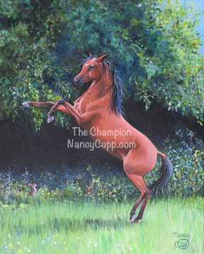 20 x 16  inches acrylic painting by Nancy Cupp of a bay Arabian  mare with black mane, tail, and legs and a heart shaped star on her forehead. She is rearing up on her hind legs as two bunnies hide in the grass admiring her. This is a birthday gift to the artist’s granddaughter who loves horses and bunnies. There are also nine hidden bunny ears in the grass symbolizing the granddaughter’s ninth birthday, plus some hidden ears in the trees just for fun.