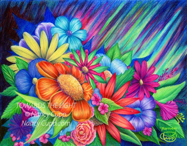TOWARD THE LIGHT colored pencil drawing by Nancy Cupp of imaginary flowers with vivid colored blooms and rays of colors shooting from them in the background.