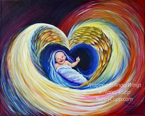 WRAPPED IN ANGEL WINGS acrylic painting by Nancy Cupp is a memorial to a boy who died of Downs Syndrome
