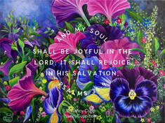 GARDEN PARTY by Nancy Cupp, acrylic painting of pansies and petunias with Psalm 35:9