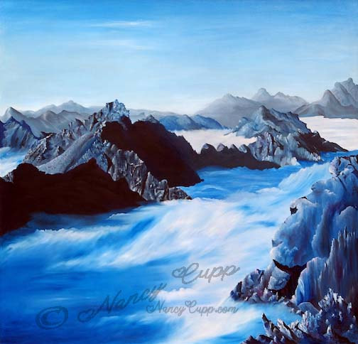 ABOVE THE CLOUDS oil painting by Nancy Cupp of mountain tops above the clouds.