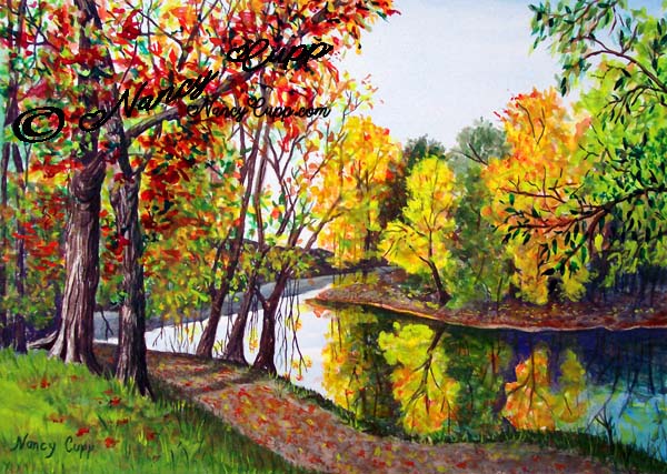 ALONG THE BLANCHARD RIVER watercolor by Nancy Cupp of the Blanchard River with fall colors in Ohio 