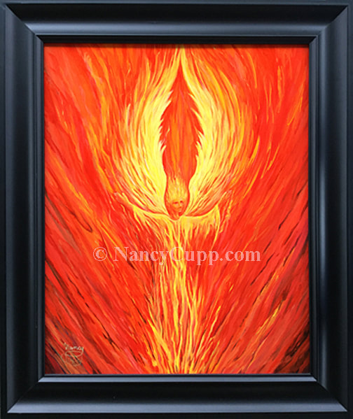 ANGEL FIRE acrylic painting by Nancy Cupp of an angel with flames coming from him.