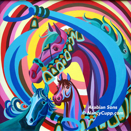ARABIAN SONS acrylic painting by Nancy Cupp of three Arabian horse heads with saber swords around them in abstract shapes and vivid colors 