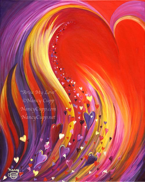 ARISE MY LOVE acrylic painting by Nancy Cupp of purple, yellow, pink, red hearts flowing up from a swirling heart background
