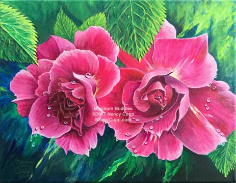 BLOSSOM BUDDIES acrylic painting of two pink roses by Nancy Cupp