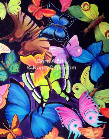 BORN AGAIN acrylic painting by Nancy Cupp of imaginary butterflies against a black background.