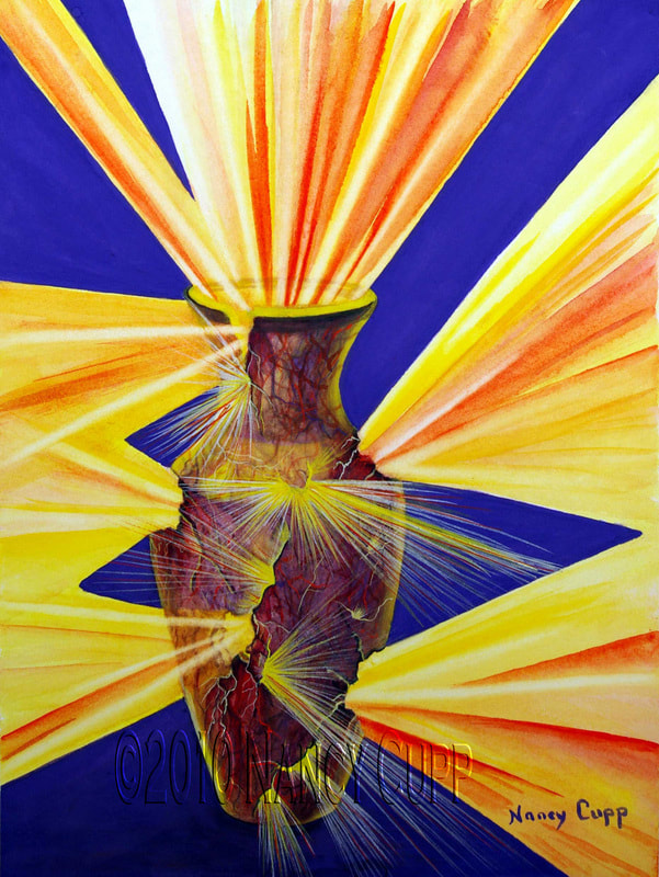 THE BROKEN VESSEL watercolor by Nancy Cupp of a broken vase with light shooting out from the cracks and filling the place with God's glory.