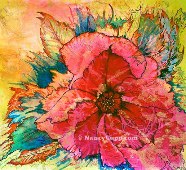 CHRISTMAS FLOWER acrylic ink painting by Nancy Cupp of a red imaginary poinsettia.