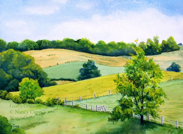 GOD'S COUNTRY watercolor painting by Nancy Cupp of the hilly  Amish farm land of Holmes Country, Ohio