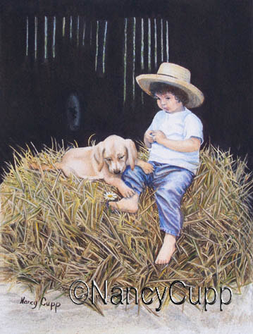DAISY watercolor by Nancy Cupp of a little girl with her dog sitting on a bale of straw