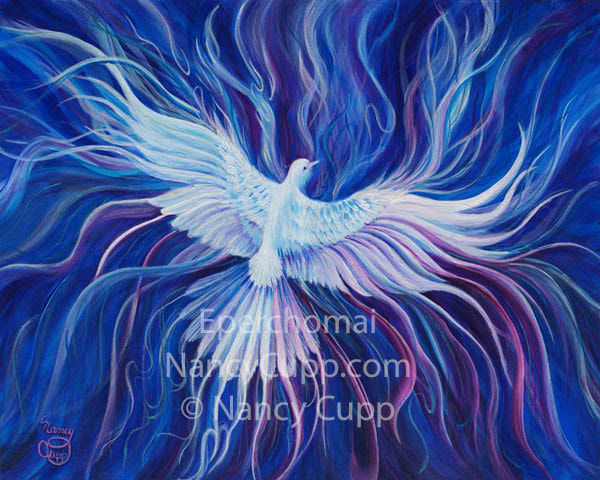 EPERCHOMAI acrylic painting by Nancy Cupp of a white dove with electric type waves coming from it's feathers.