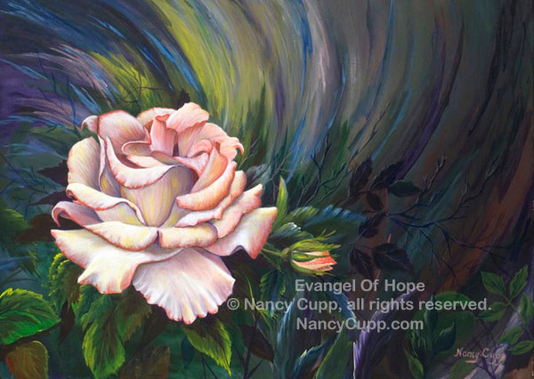 EVANGEL OF HOPE acrylic painting by Nancy Cupp of a pink rose and rose bud against a dark swirling background.