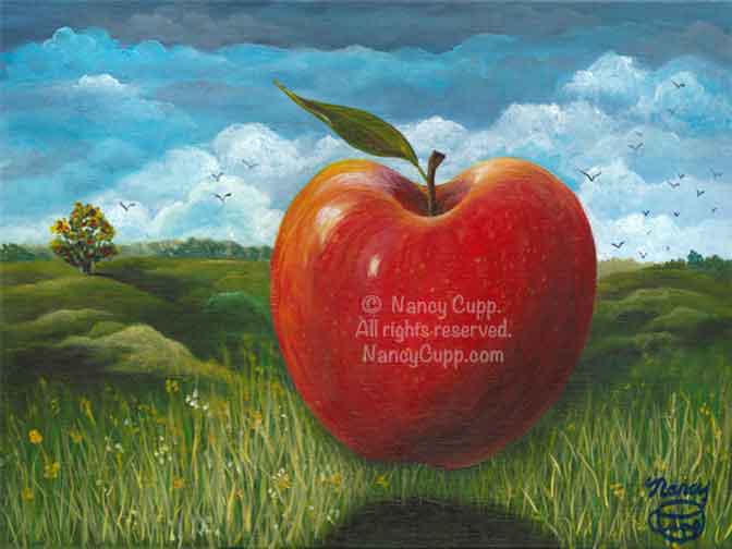 FAR FROM THE TREE acrylic painting on canvas board by Nancy Cupp of a study of an apple floating in an imaginary landscape with a apple tree in the distance.