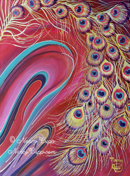 FEATHER DANCE acrylic painting by Nancy Cupp of gold peacock feathers against a red, pink, and aqua swirling colored background.