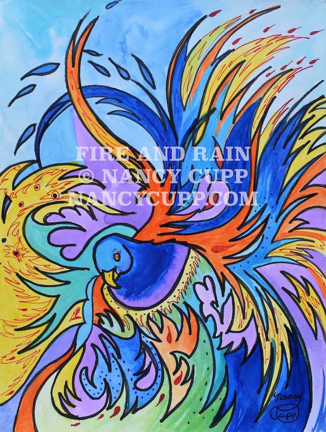 FIRE AND RAIN felt tip marker painting by Nancy Cupp of an imaginary bird with swirling feathers and vivid colors that look like flames coming from the bird