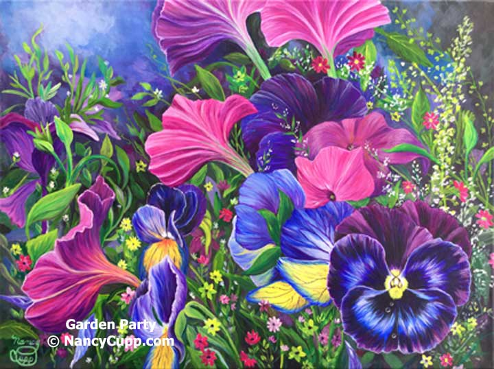 GARDEN PARTY 18 X 24 acrylic in canvas by Nancy Cupp of pink and purple petunias and violets