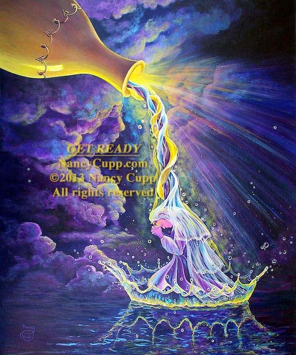 GET READY acrylic painting by Nancy Cupp of the bride of Christ kneeling in prayer as a vase pours gold, blue and purple liquids down her.