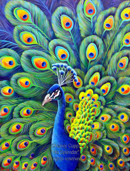 HIS SPLENDOR acrylic painting by Nancy Cupp of a peacock in all his splendor.