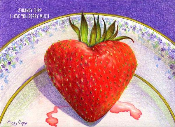 Cupp of a heart shaped red strawberry on a Noritake plate against a purple background