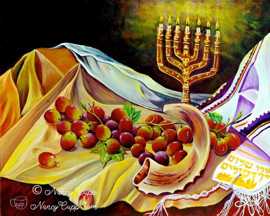 INTERCESSION acrylic painting by Nancy Cupp.  Still life of a prayer shawl, menorah, shofar and grapes