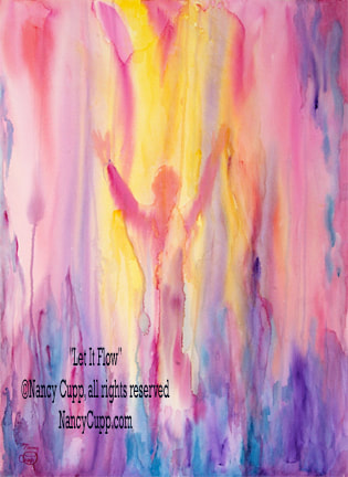 LET IT FLOW watercolor by Nancy Cupp of a man worshiping God with flowing colors in the light