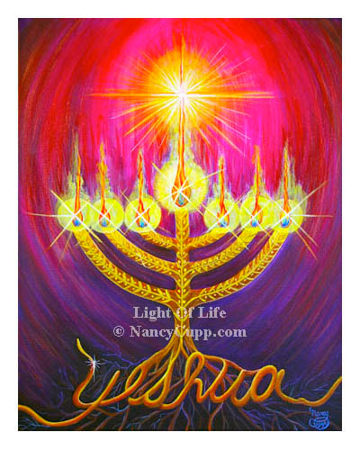 LIGHT OF LIFE by Nancy Cupp of a menorah  that has its roots in Yeshua