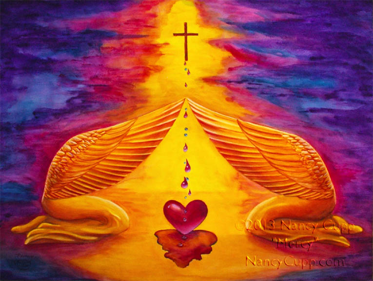 MERCY watercolor by Nancy Cupp of two angels representing the Mercy Seat