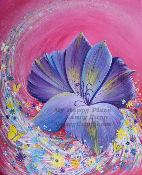 MY HAPPY PLACE acrylic painting of a purple flower with swirling little flowers and butterflies around it by Nancy Cupp.
