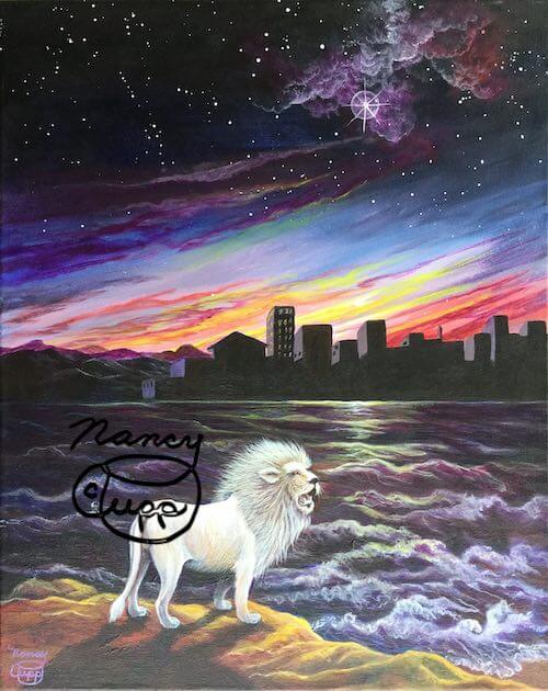 NIGHT WATCH acrylic painting by Nancy Cupp of a white lion standing on a rock overlooking water and city skyline at night with stars in the sky