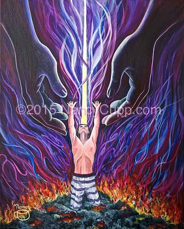 OUT OF THE ASHES acrylic painting by Nancy Cupp of a prisoner being rescued from hell by God