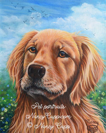 This is a dog portrait of a female golden retriever in memory of a beloved pet. 11 x 14 inches, acrylic paint on stretched canvas by Nancy Cupp. ©2020. Nancy Cupp. All rights reserved.