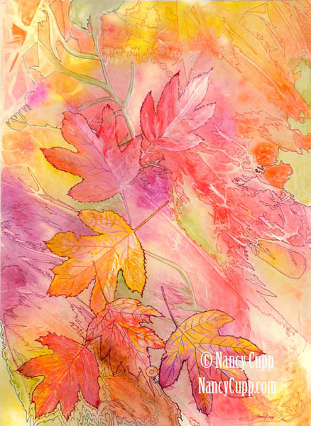 PINK LEAVES acrylic ink on watercolor paper by Nancy Cupp of pastel pink and orange maple leaves in an abstract background.