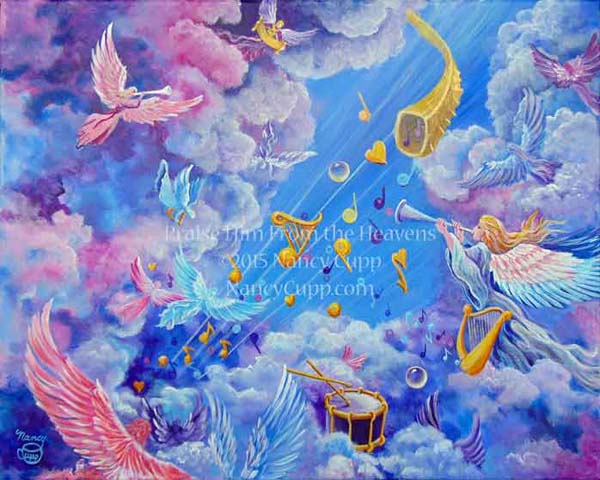 PRAISE HIM FROM THE HEAVENS acrylic painting by Nancy Cupp of angels playing musical instruments and flying in the heavens