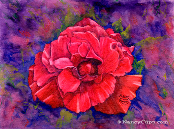 PURPLE PASSION painting by Nancy Cupp of a red flower against a purple background.