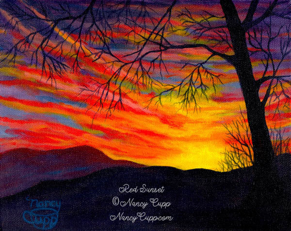 RED SUNSET acrylic painting by Nancy Cupp.  brilliant red sunset against a black silhouetted landscape