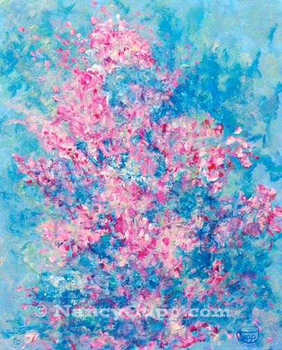 REDBUD SPECIAL acrylic impressionistic painting by Nancy Cupp  of bright pinks against a turquoise background inspired by a redbud tree at the park
