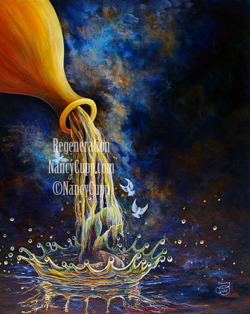REGENERATION acrylic painting by Nancy Cupp of oil being poured over a kneeling person in prayer