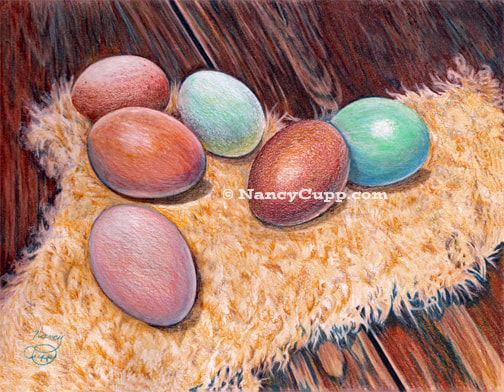 SOFT EGGS colored pencil by Nancy Cupp of four brown and two aqua blue natural colored eggs resting on lambs skin on a wooden floor.