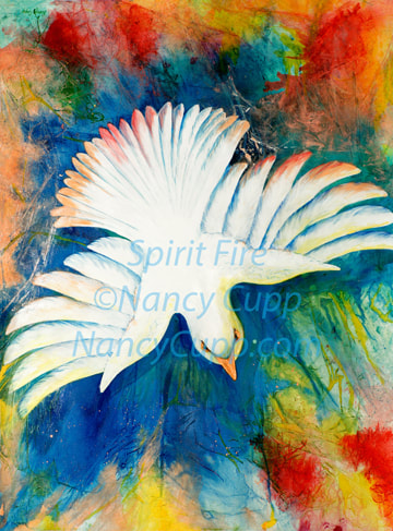 SPIRIT FIRE acrylic ink by Nancy Cupp of a dove with colorful flames coming from the feathers