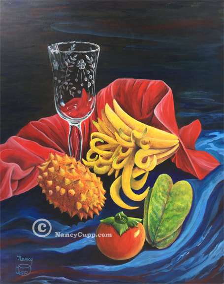 STRANGE FRUIT acrylic painting by Nancy Cupp of a still life of buddha's hand fruit, persimmon, horned melon, and star fruit and a glass goblet.