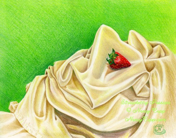 STRAWBERRY PASSION colored pencil drawing by Nancy Cupp of a single red strawberry on silky cream colored fabric against a green background