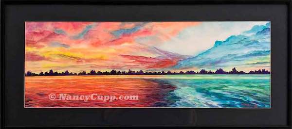 SUNRISE OVER INDIAN LAKE watercolor by Nancy Cupp of Indian Lake, Ohio. The sky actually looked like that!