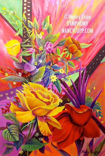 SYMPHONY acrylic painting by Nancy Cupp abstract design of a variety of flowers in yellow, orange, pink, purple colors